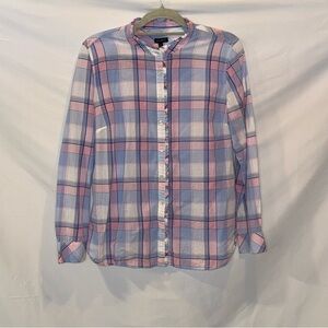 Talbots Blue & Pink Plaid Ruffle Trim Button-Up Shirt M EUC Preppy Classic Top